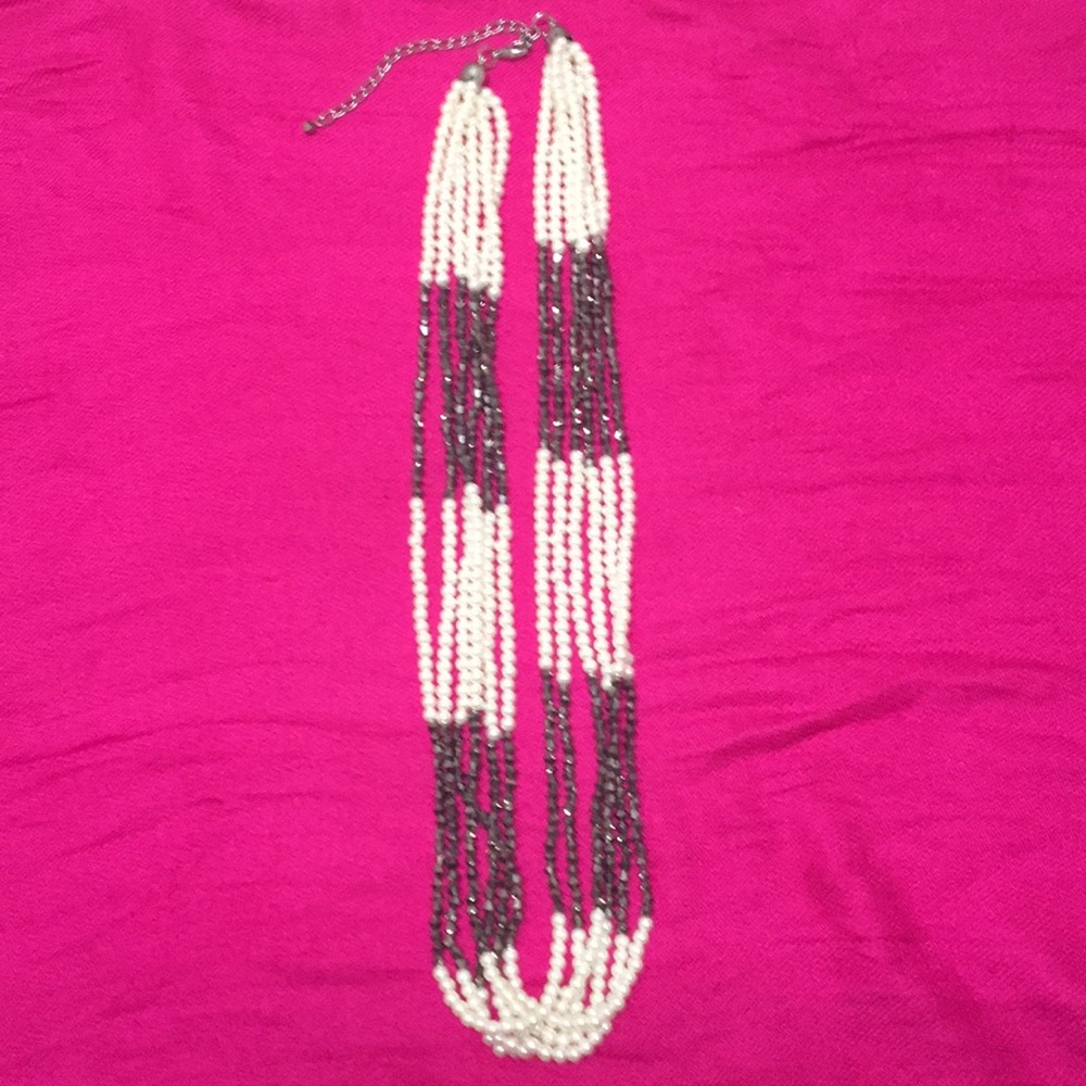 Long pearl and gun metal bead necklace